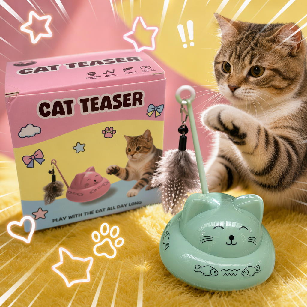 Pink CAT toy box with CAT TEASER print and feather stick pattern Specification image
