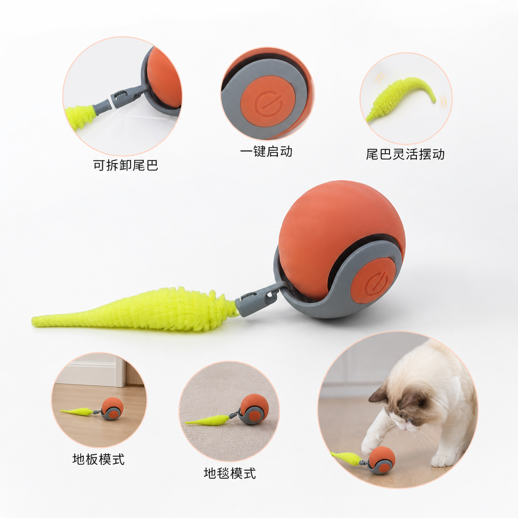 橙色球体灰色底座荧光黄毛绒尾巴玩具球