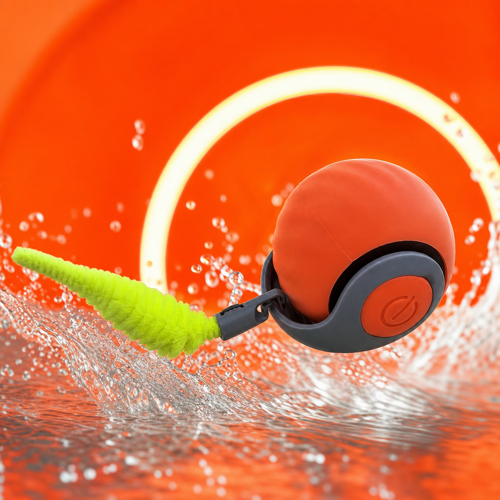 Orange sphere, grey base, fluorescent yellow plush tail toy ball Specification image