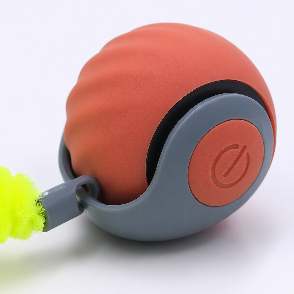 Orange sphere, grey base, fluorescent yellow plush tail toy ball Application Scenario