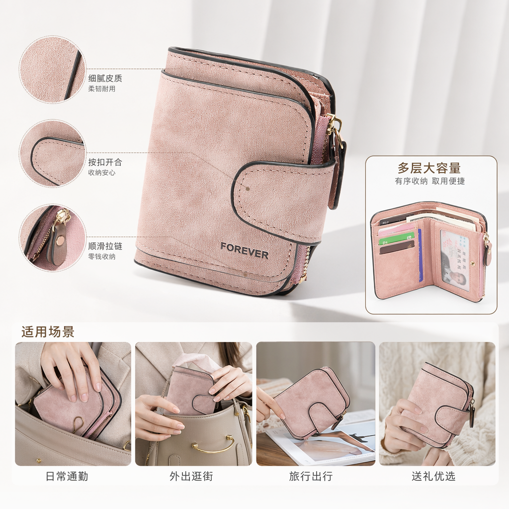 粉色女士长款钱包真皮简约时尚百搭小号手拿包图