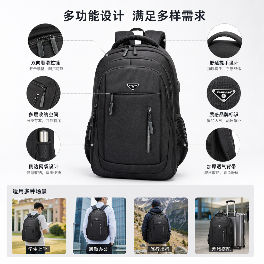 黑色双肩包简约百搭学生通勤轻便大容量防水