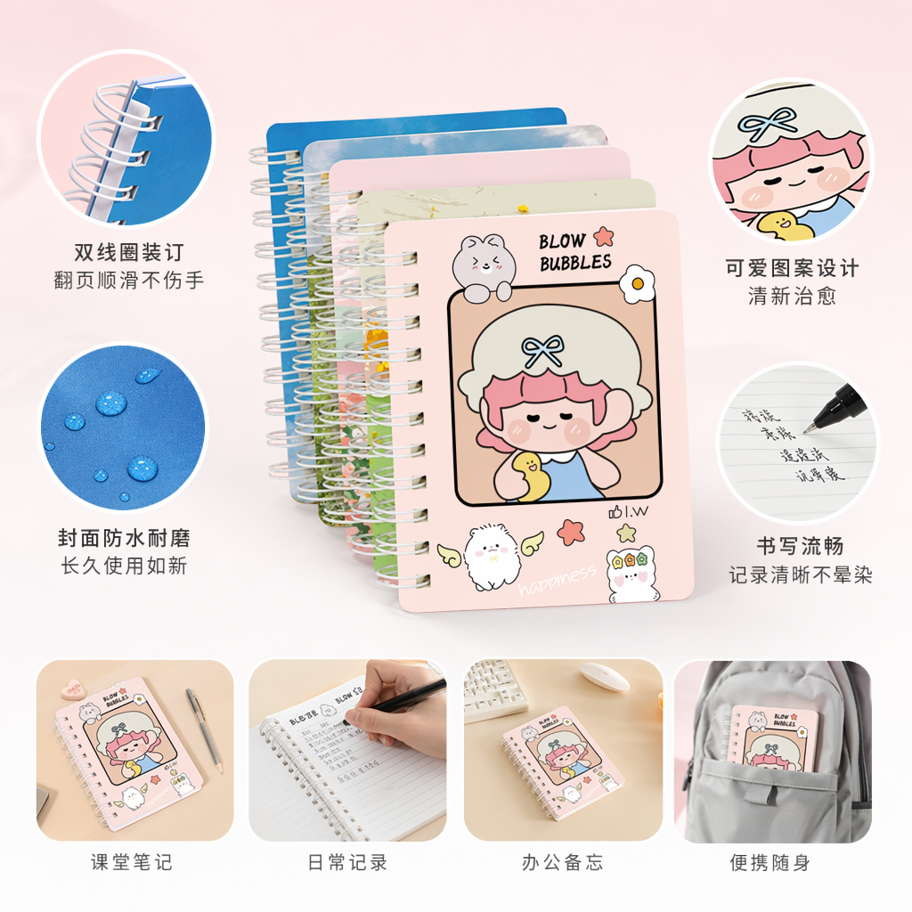 粉色螺旋笔记本卡通女孩图案简约学生记事本