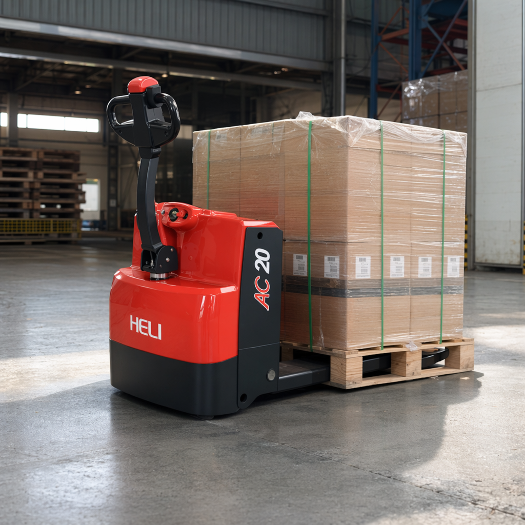 The red and black color electric pallet truck industrial handling forklift has a load capacity of 3 tons and can be lifted and lowered details Picture