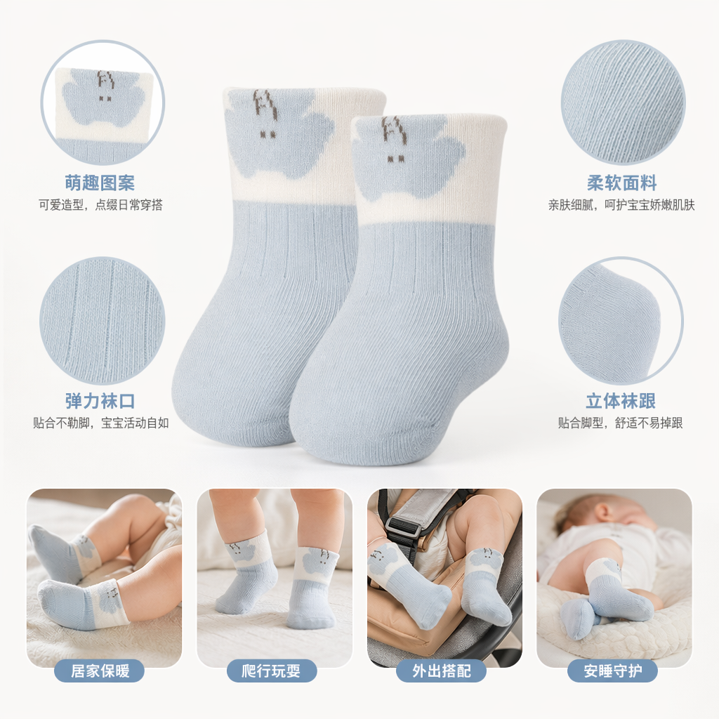 浅蓝色婴儿袜子 袜口白色云朵小黑点装饰图