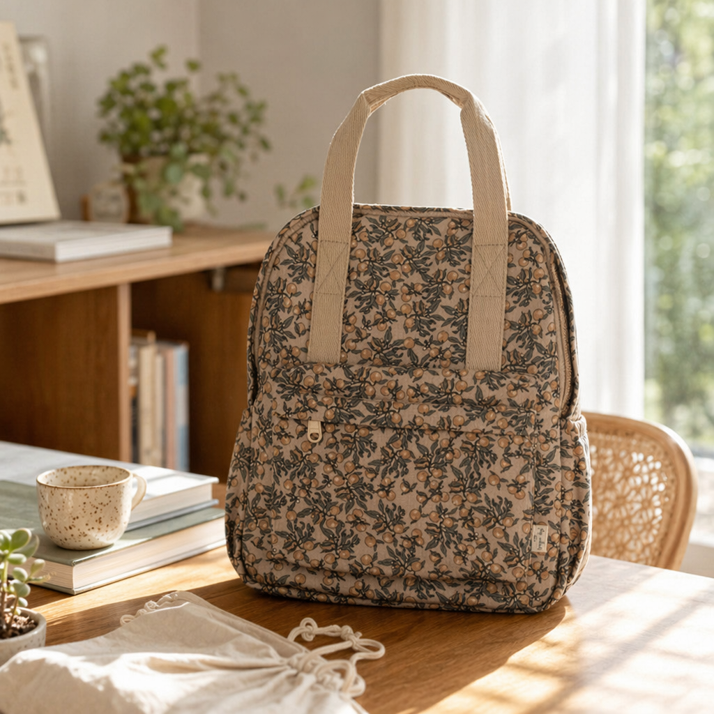 The beige floral pattern women's casual backpack is fashionable, versatile and lightweight details Picture