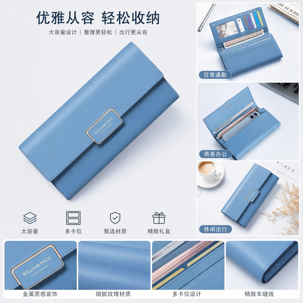 A light blue long wallet for women, simple and fashionable, made of genuine leather, with large capacity and multiple slots