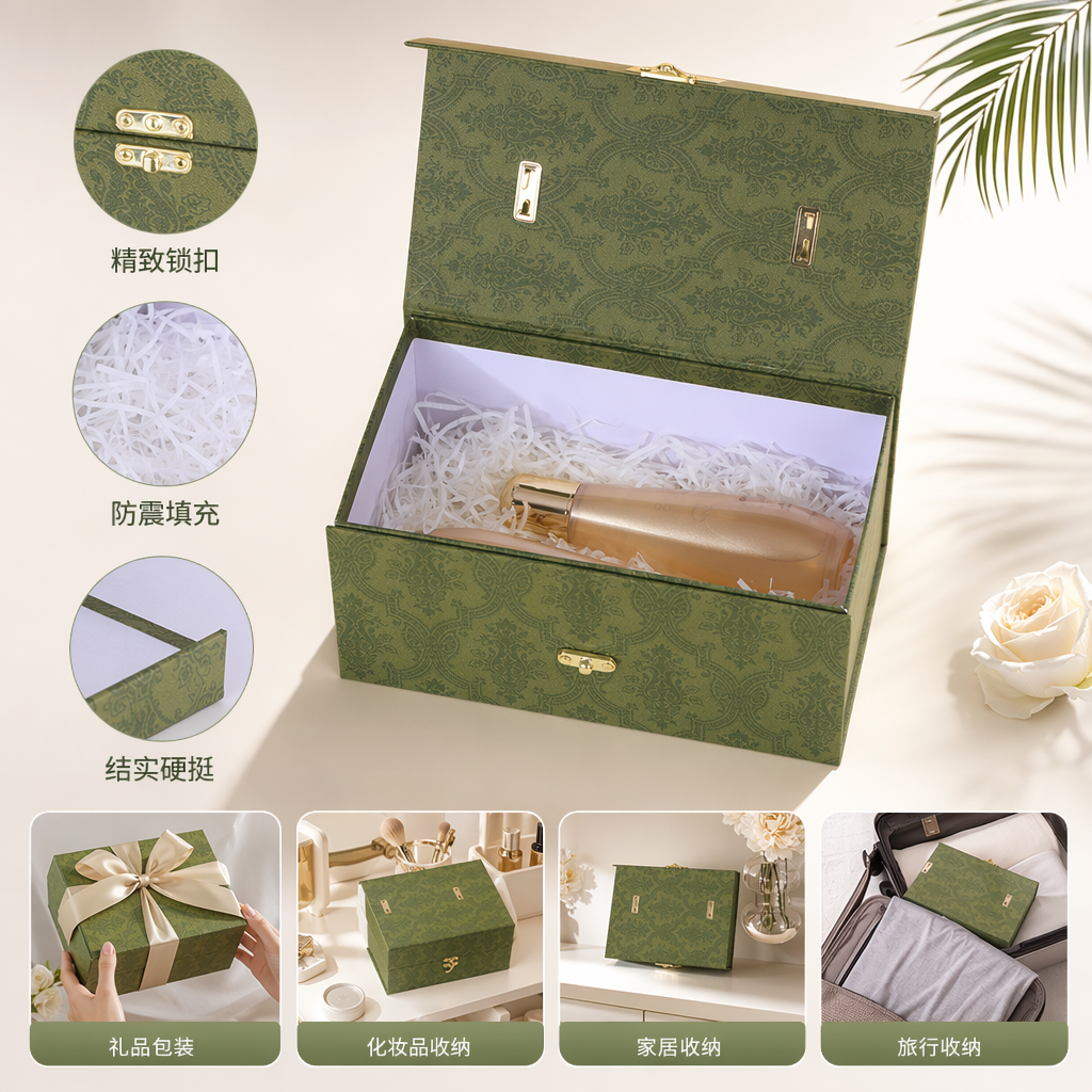 绿色花纹礼盒装金色瓶身护肤品