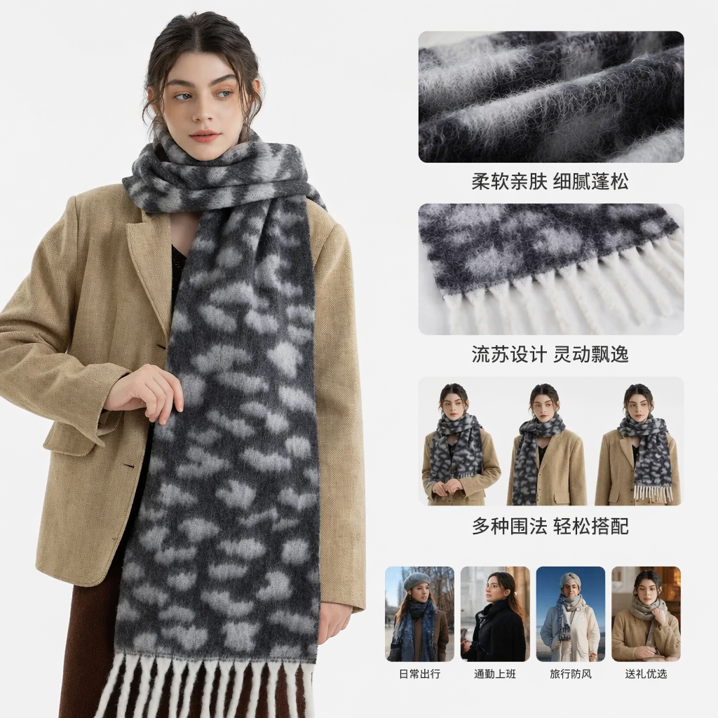 灰色豹纹围巾女秋冬保暖时尚百搭长款针织 scarf