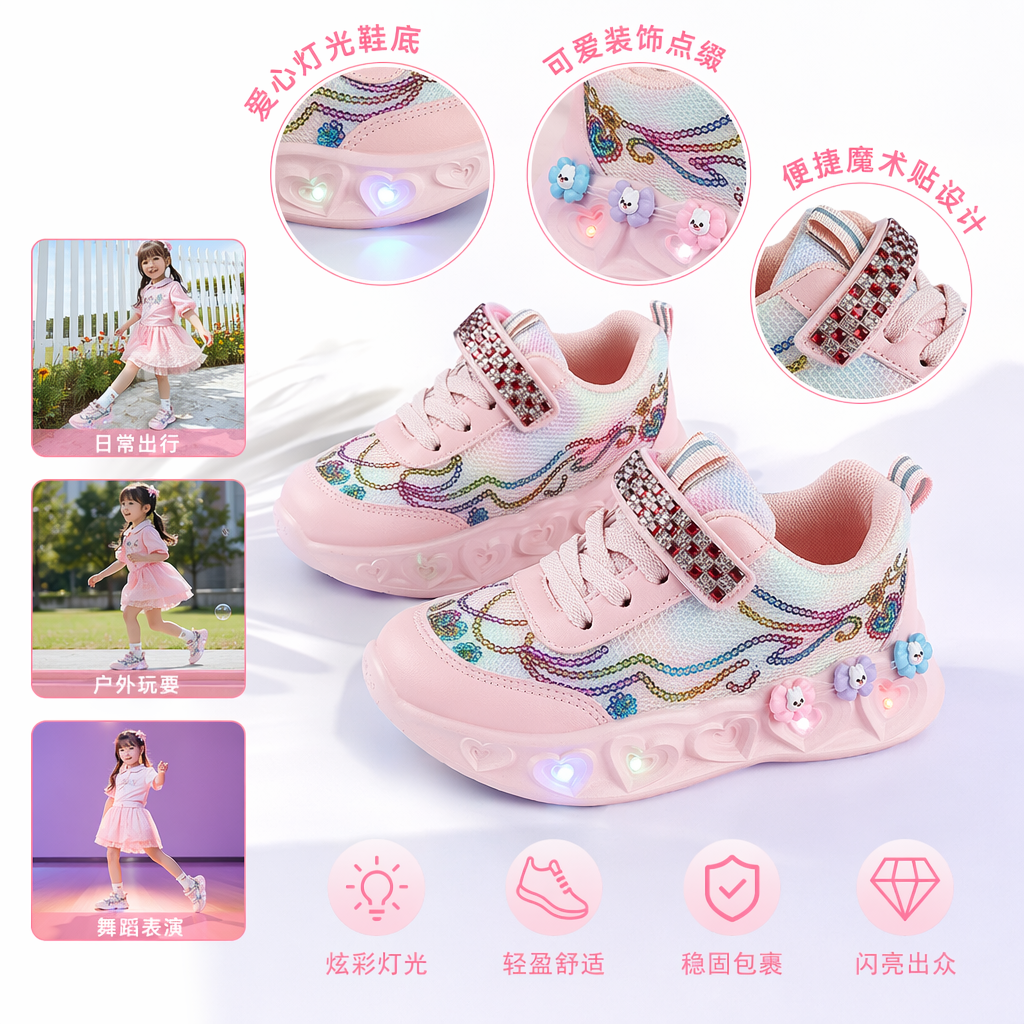 粉色紫渐变发光儿童运动鞋亮片波浪小熊花朵心形LED灯