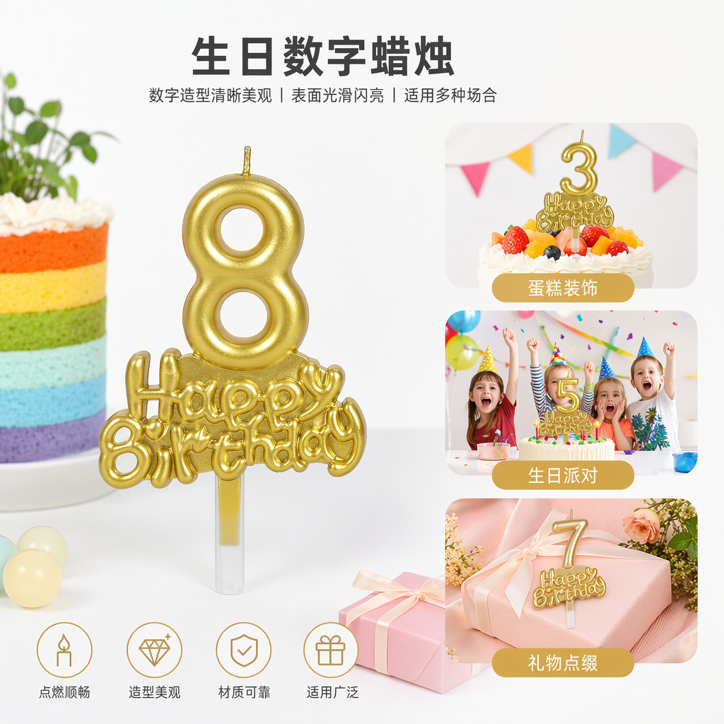 Colorful digital birthday candles: Silver 1, silver 3, gold 8, gold 9, with a white "HappyBirthday" card