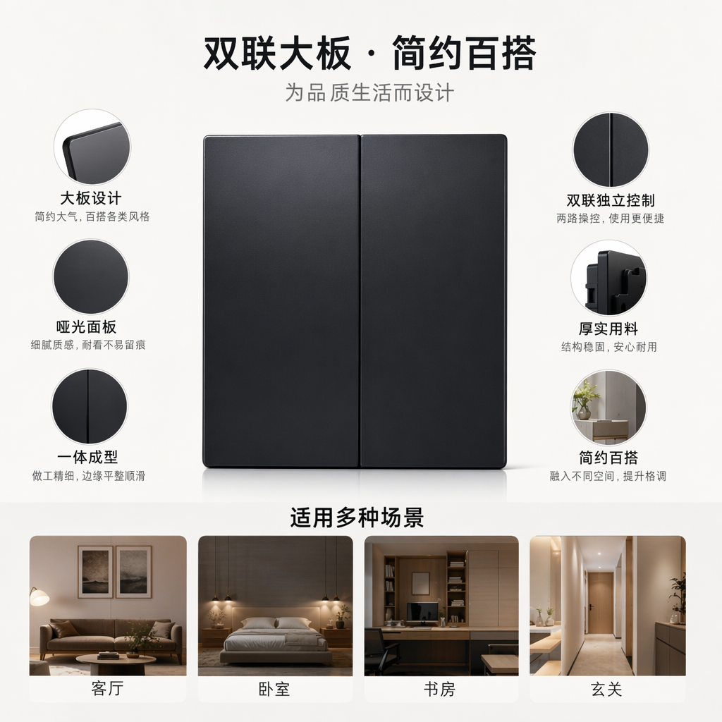 T5/T6黑色二开单控/二开双控墙壁开关 出口非洲