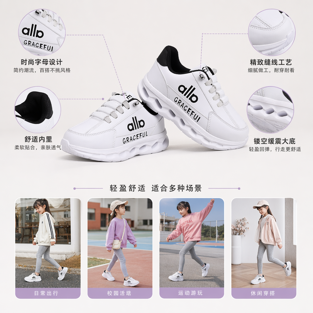 多色儿童运动鞋 黑棕白卡粉五款配色展示 舒适透气轻便