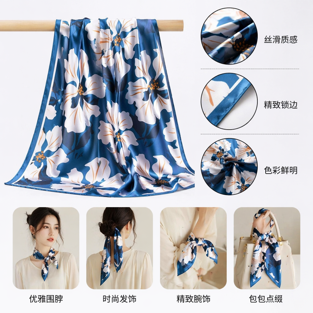 四款花卉图案丝巾女士春夏搭配衬衫西装显气质