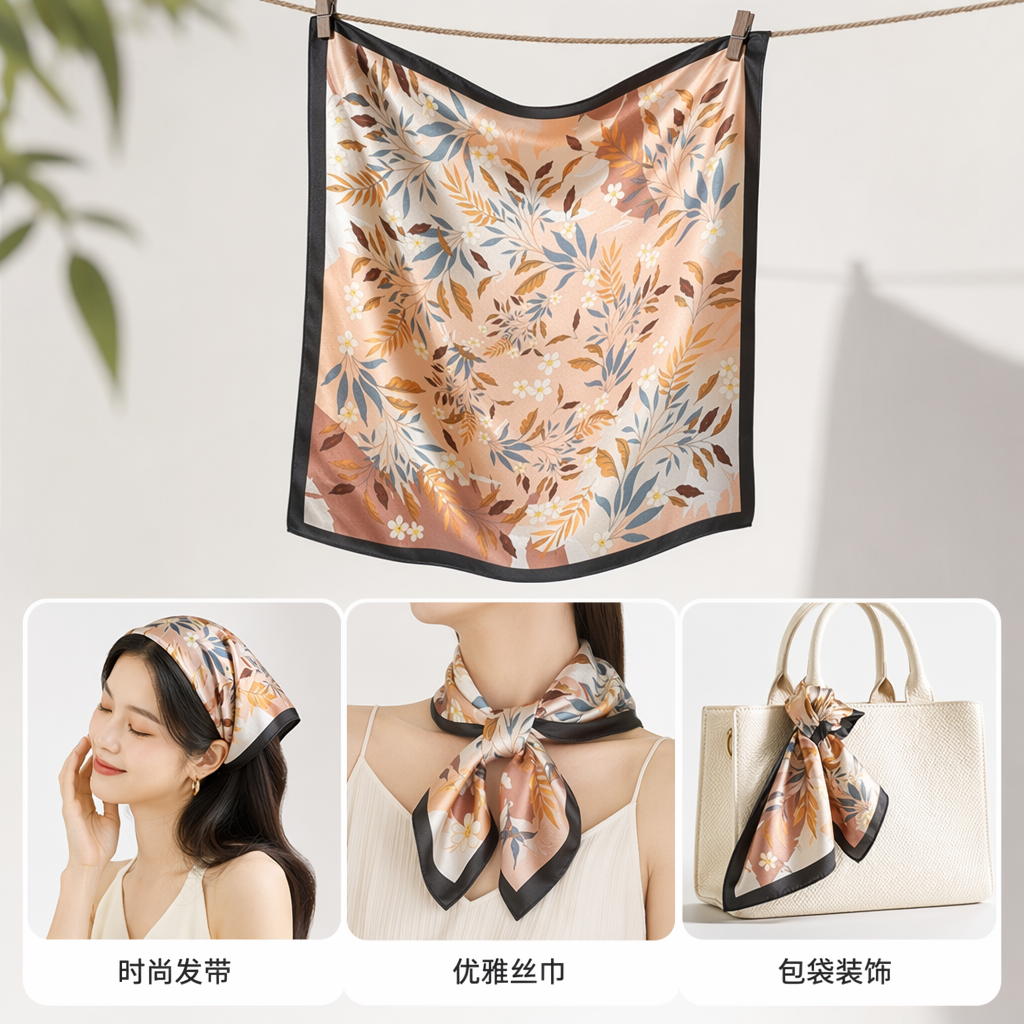 四款花卉图案丝巾 真丝混纺轻盈透气春夏百搭