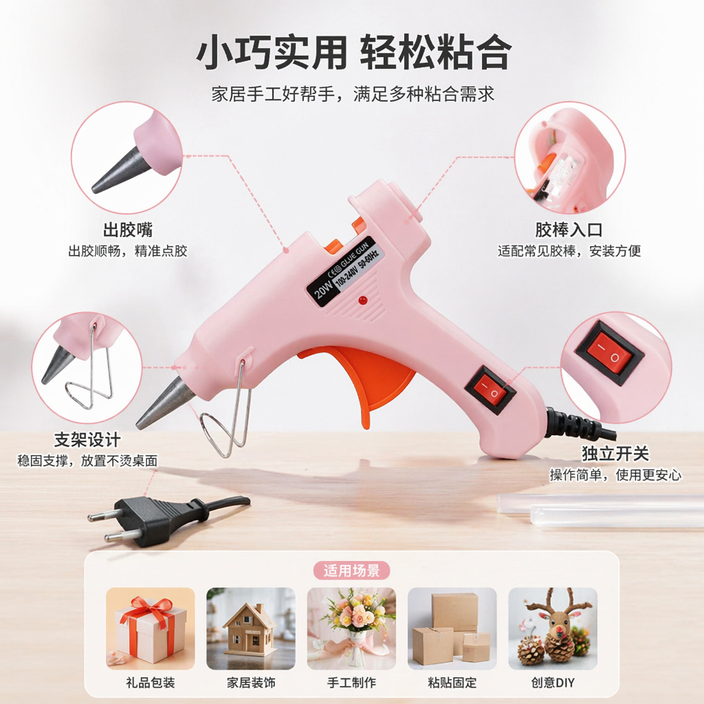 Pink hot melt glue gun, handheld quick heating mini electric melt glue gun, home DIY decoration tool