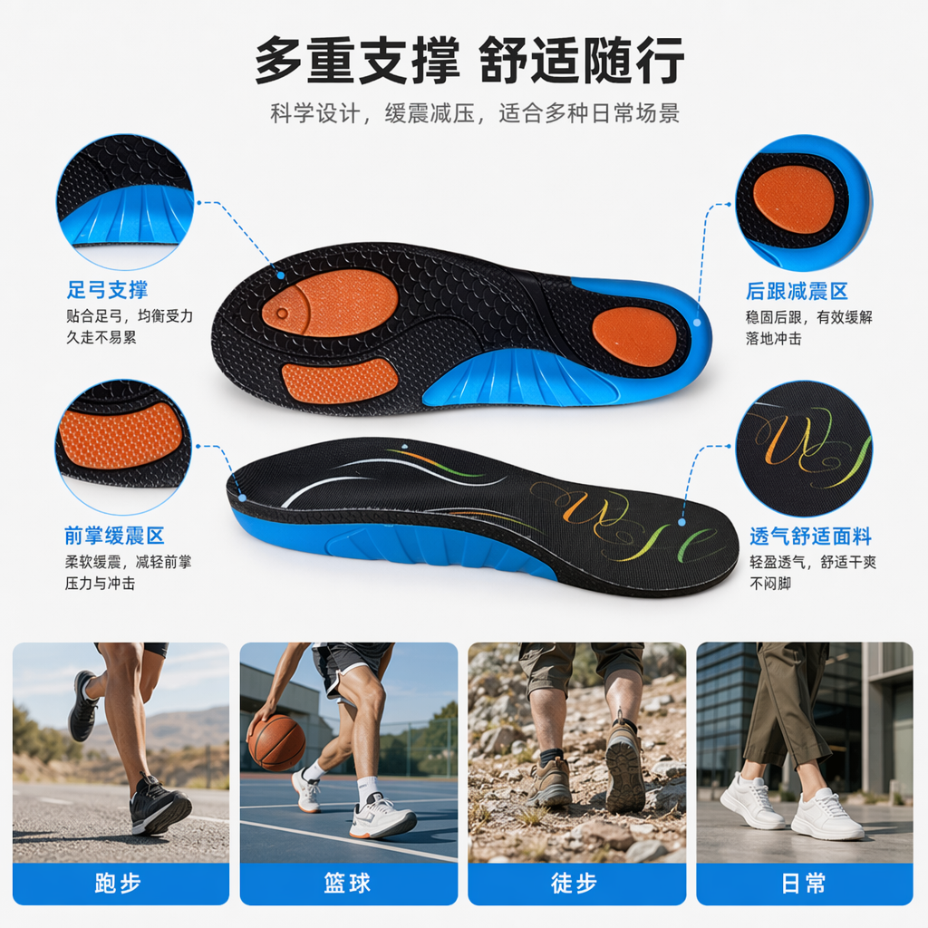 黑色鞋垫 3D立体缓震记忆棉加厚足底按摩支撑