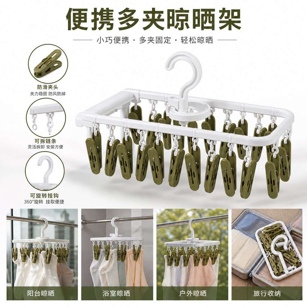 绿色衣架配白色挂钩透明塑料袋包装图