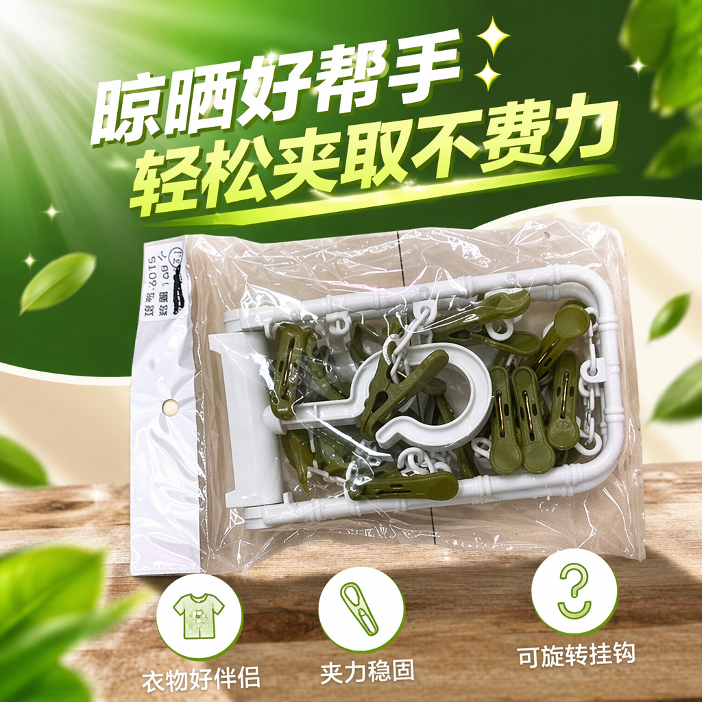 绿色衣架配白色挂钩透明塑料袋包装细节图