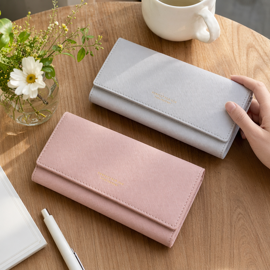 Pink and grey long wallet, white display stand shooting style details Picture