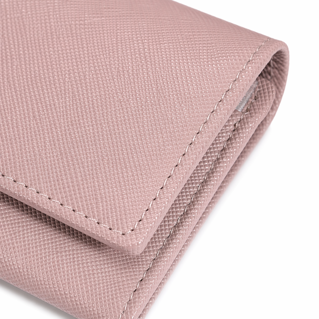 Pink and grey long wallet, white display stand shooting style Application Scenario