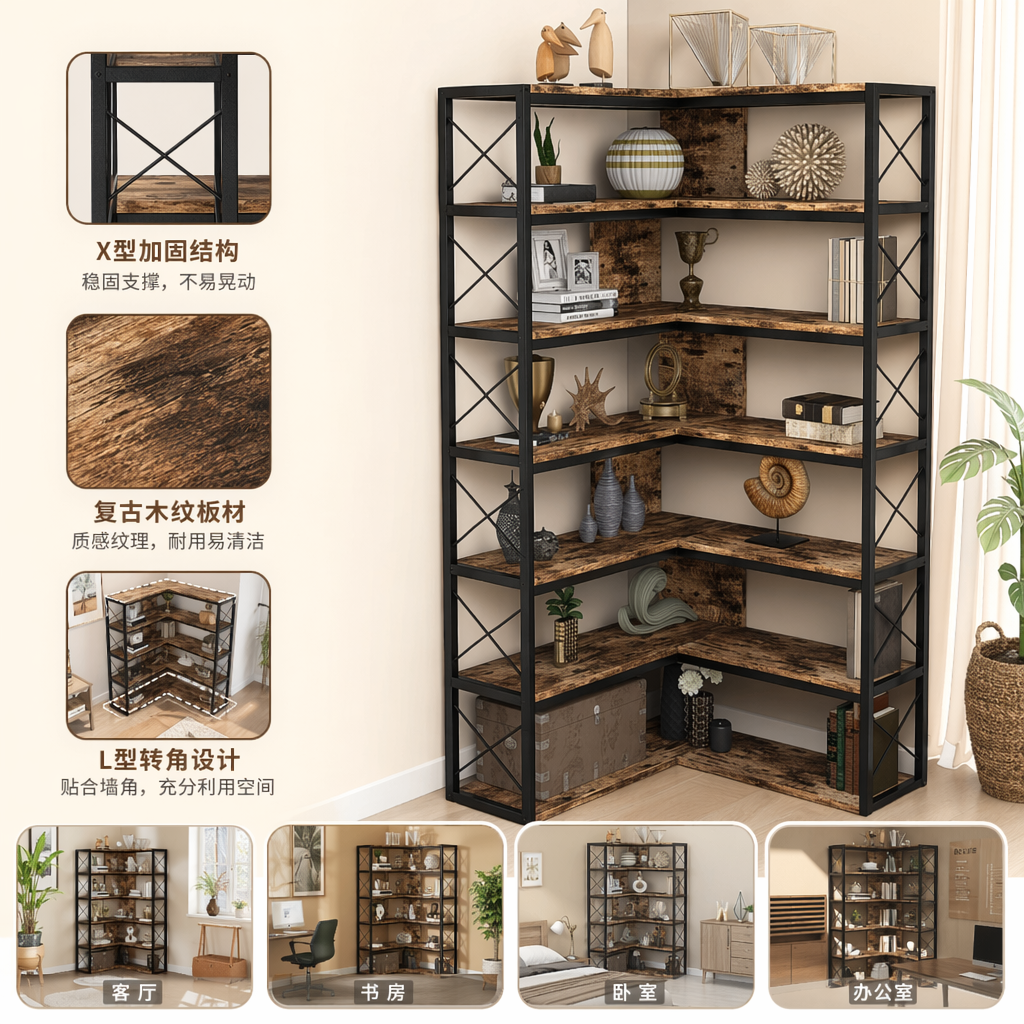 A simple and modern living room and bedroom shelf with a black metal frame and wooden shelves
