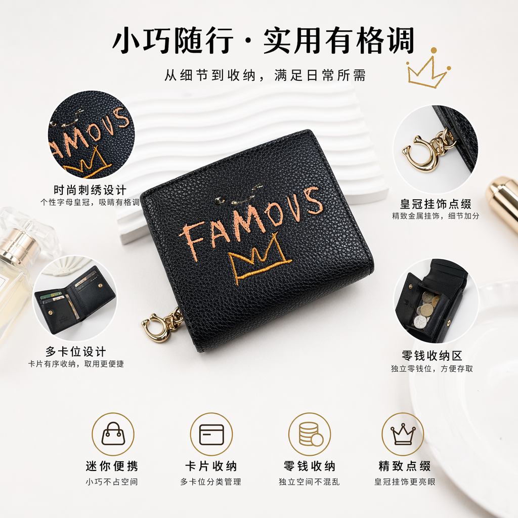 黑色纹理皮革钱包 正面橙色FAMOUS刺绣配金色皇冠链条挂饰