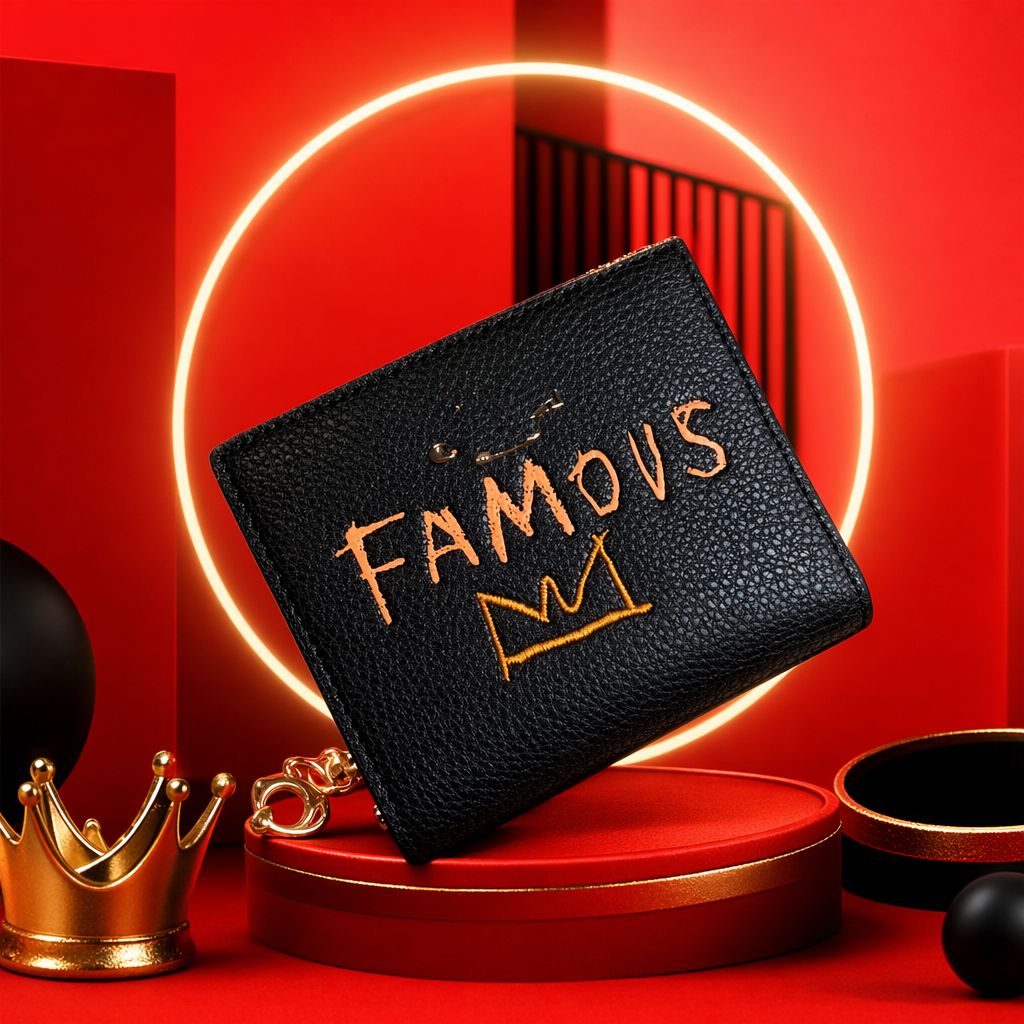 黑色纹理皮革钱包 正面橙色FAMOUS刺绣配金色皇冠链条挂饰 Specification image