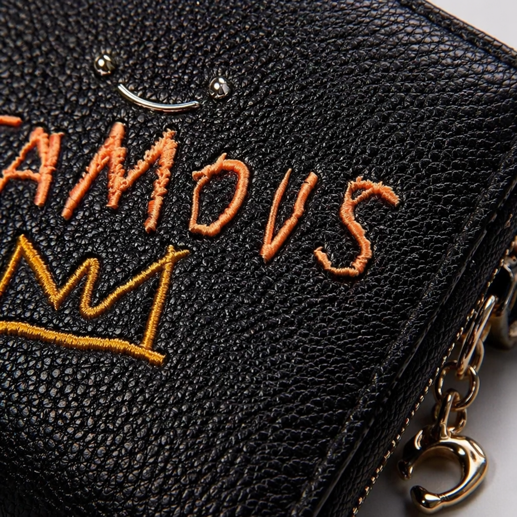 黑色纹理皮革钱包 正面橙色FAMOUS刺绣配金色皇冠链条挂饰 Application Scenario