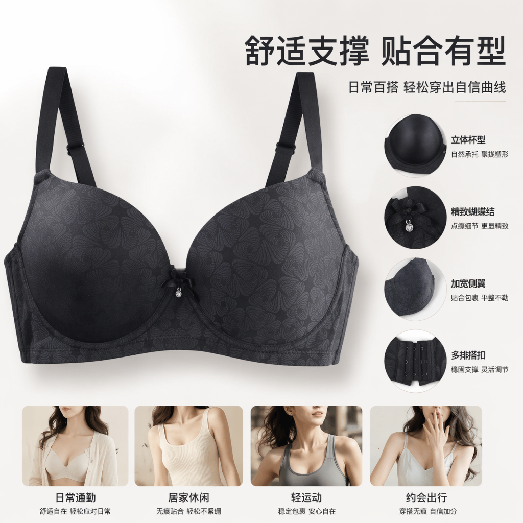 黑色花纹无钢圈聚拢文胸 舒适透气女士内衣