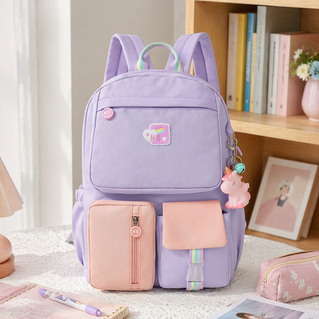 The light purple backpack is a lightweight and large-capacity student commuting and leisure backpack details Picture