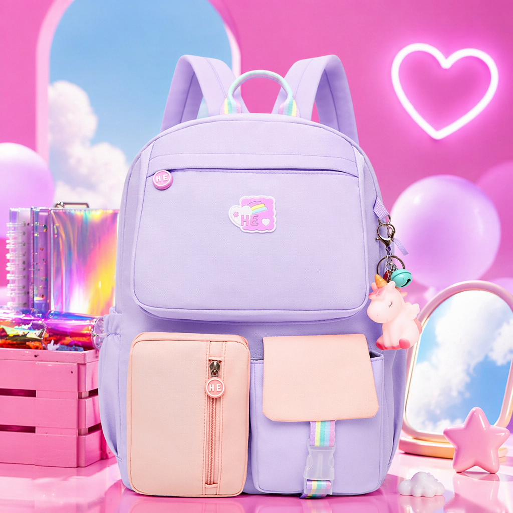 The light purple backpack is a lightweight and large-capacity student commuting and leisure backpack Specification image