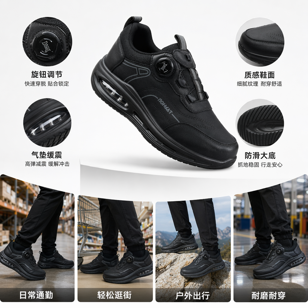 黑色棕色运动鞋含气垫旋钮系带设计