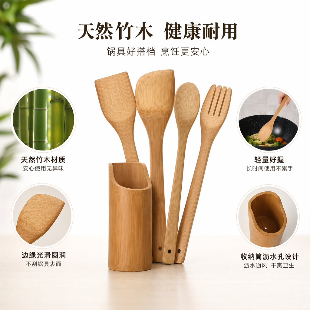浅棕色竹制厨具套装四件套含铲勺漏勺叉配竹收纳筒
