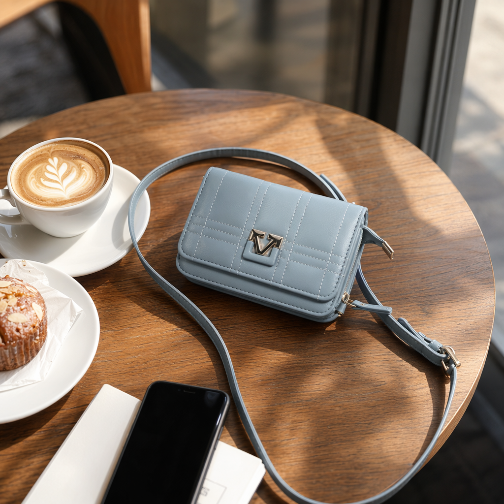 A light blue diamond-patterned small square bag with a detachable shoulder strap featuring golden V-shaped fasteners details Picture