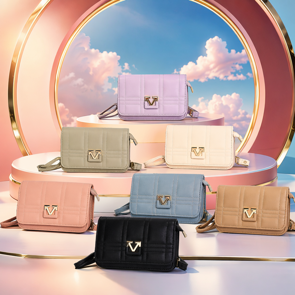 A light blue diamond-patterned small square bag with a detachable shoulder strap featuring golden V-shaped fasteners Specification image