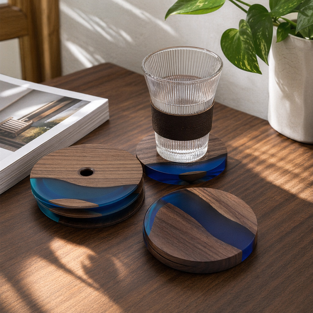 A set of wooden blue glazed coasters with glass cups, a Nordic-style heat-resistant and heat-insulating pad for home use details Picture