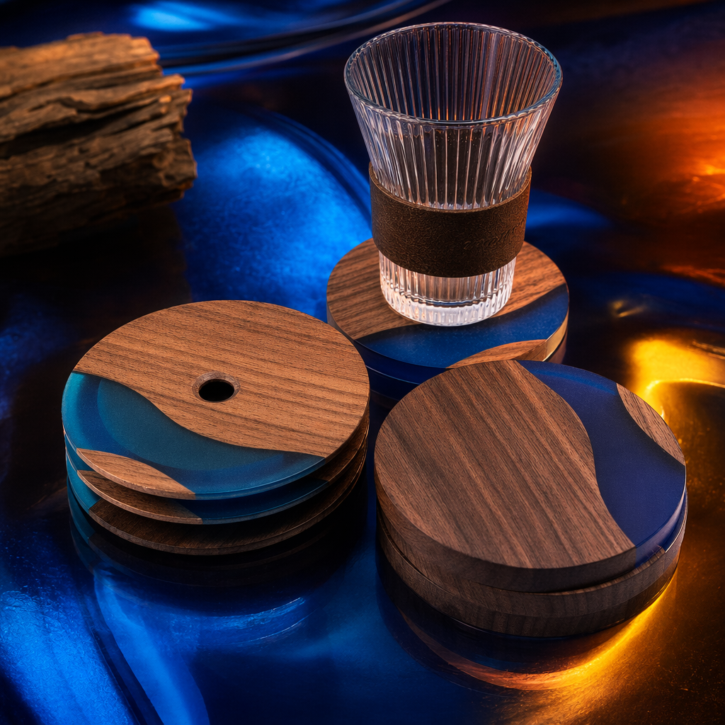 A set of wooden blue glazed coasters with glass cups, a Nordic-style heat-resistant and heat-insulating pad for home use Specification image