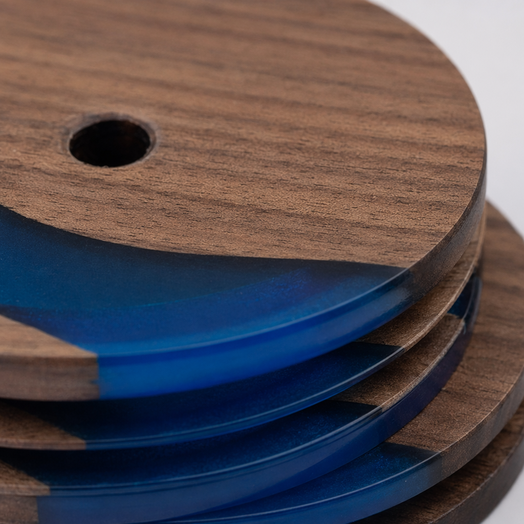 A set of wooden blue glazed coasters with glass cups, a Nordic-style heat-resistant and heat-insulating pad for home use Application Scenario