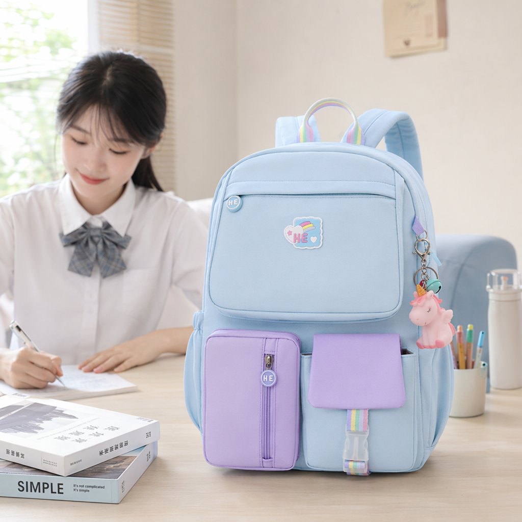 A light blue backpack with a purple front pocket and rainbow decoration, a lightweight student commuting backpack details Picture