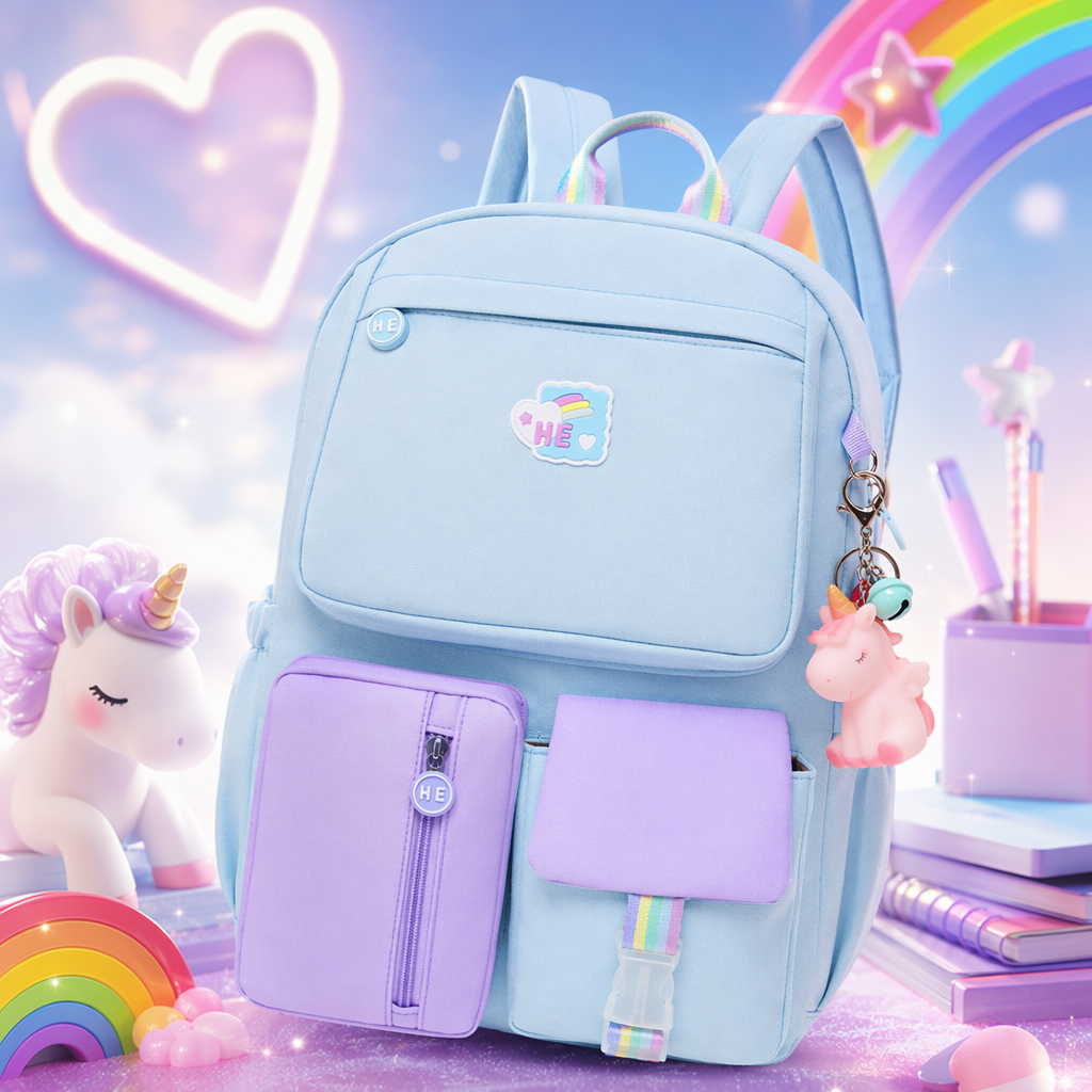 A light blue backpack with a purple front pocket and rainbow decoration, a lightweight student commuting backpack Specification image