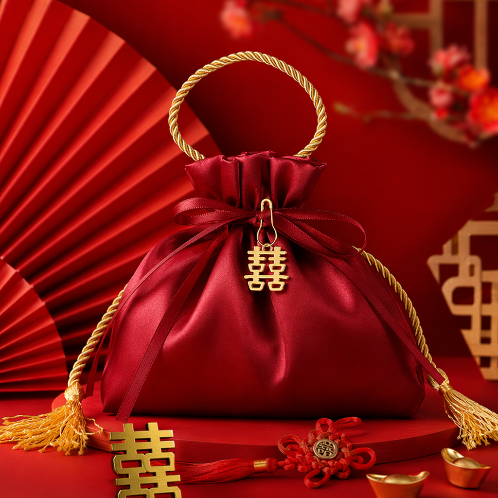 红色丝质喜袋配金色双喜吊坠绳环手柄细节图