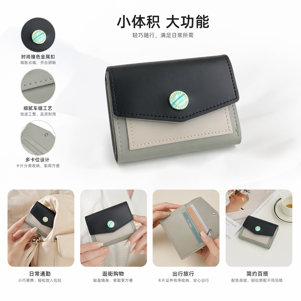 黑色翻盖灰色底座真皮钱包简约商务男女通用