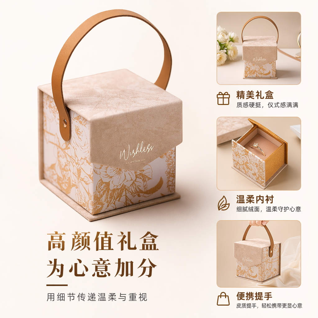 米色花纹礼盒带棕色皮质提手高端礼品包装盒