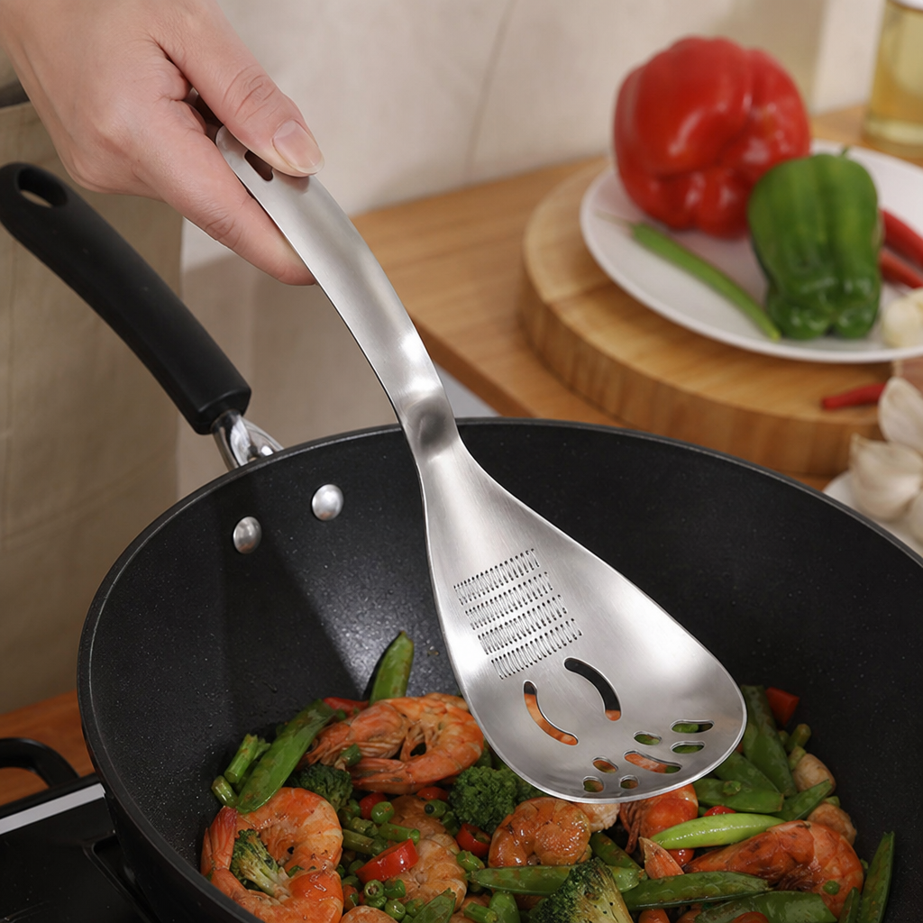 Silver metal strainer, kitchen stainless steel fine filter water draining spoon, household stir-frying and noodle scooping tools details Picture