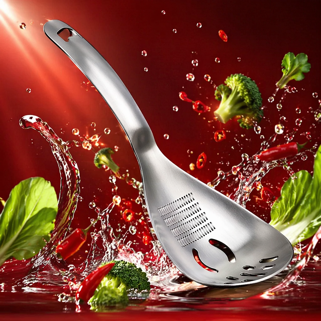 Silver metal strainer, kitchen stainless steel fine filter water draining spoon, household stir-frying and noodle scooping tools Specification image