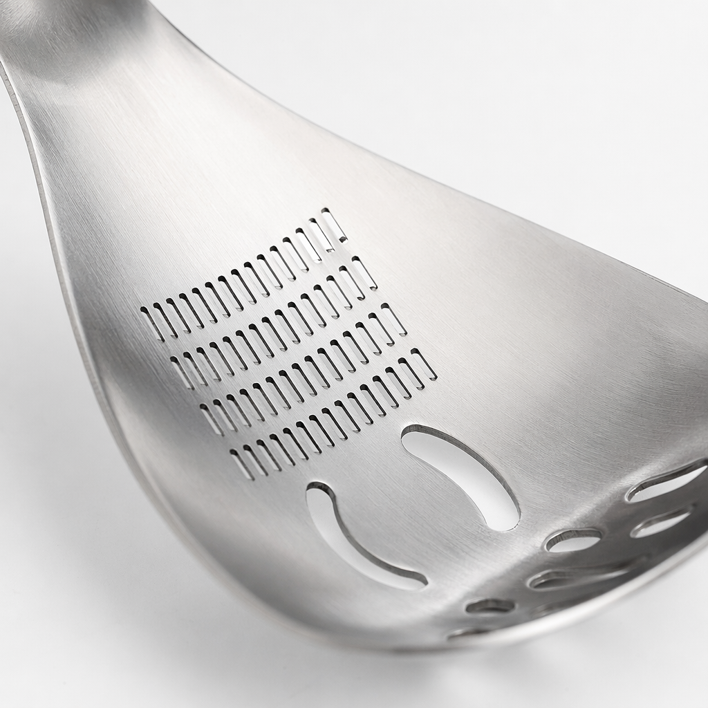 Silver metal strainer, kitchen stainless steel fine filter water draining spoon, household stir-frying and noodle scooping tools Application Scenario