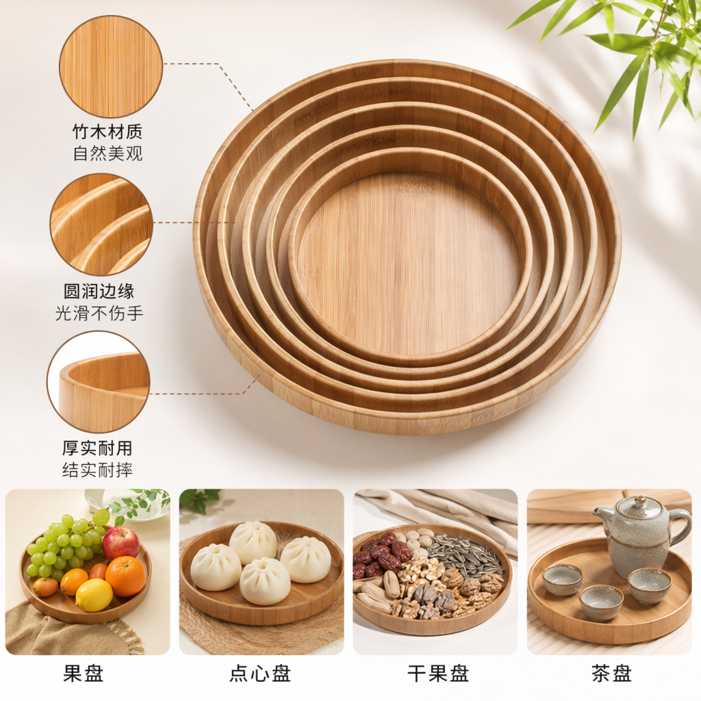 木质圆形托盘组 北欧风客厅茶几收纳盘三件套