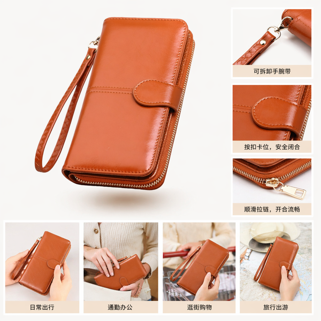 Brown leather men's long wallet, genuine leather, retro and simple, business casual