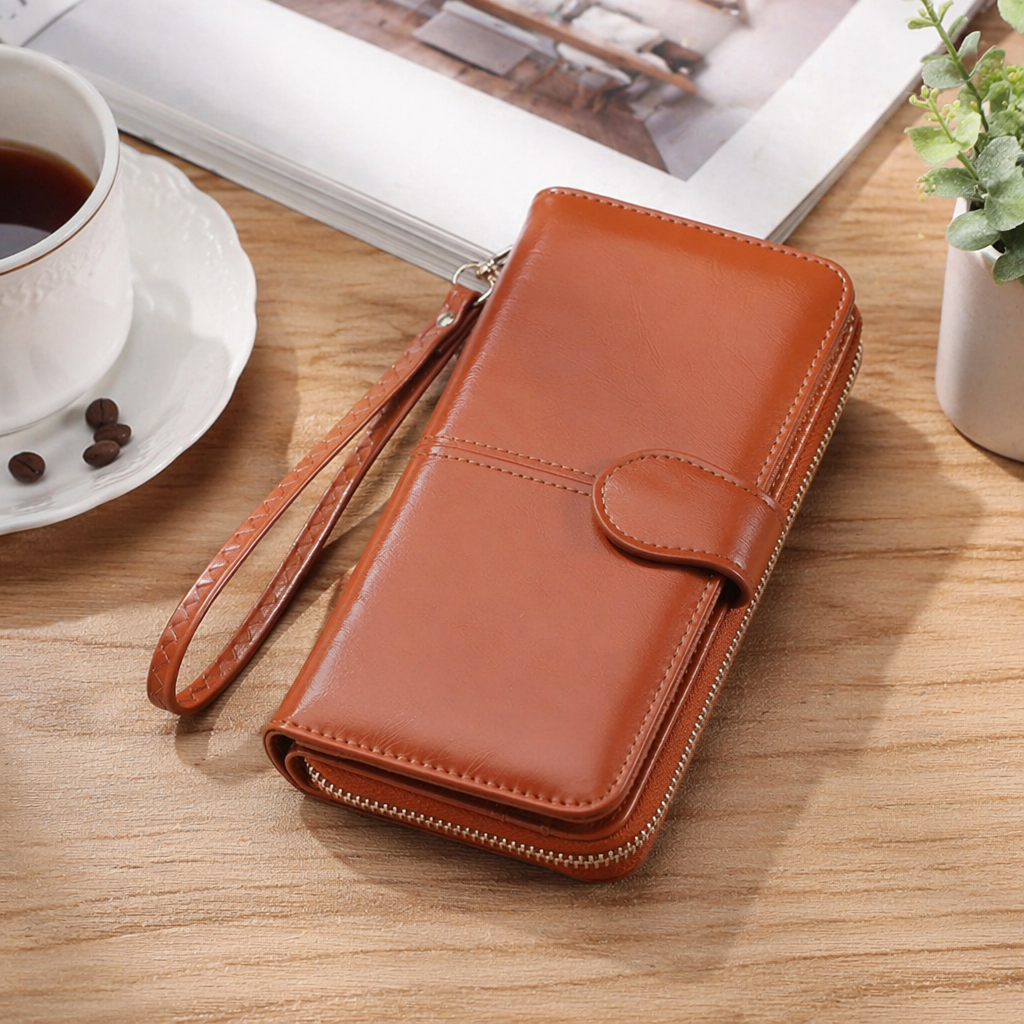 Brown leather men's long wallet, genuine leather, retro and simple, business casual details Picture